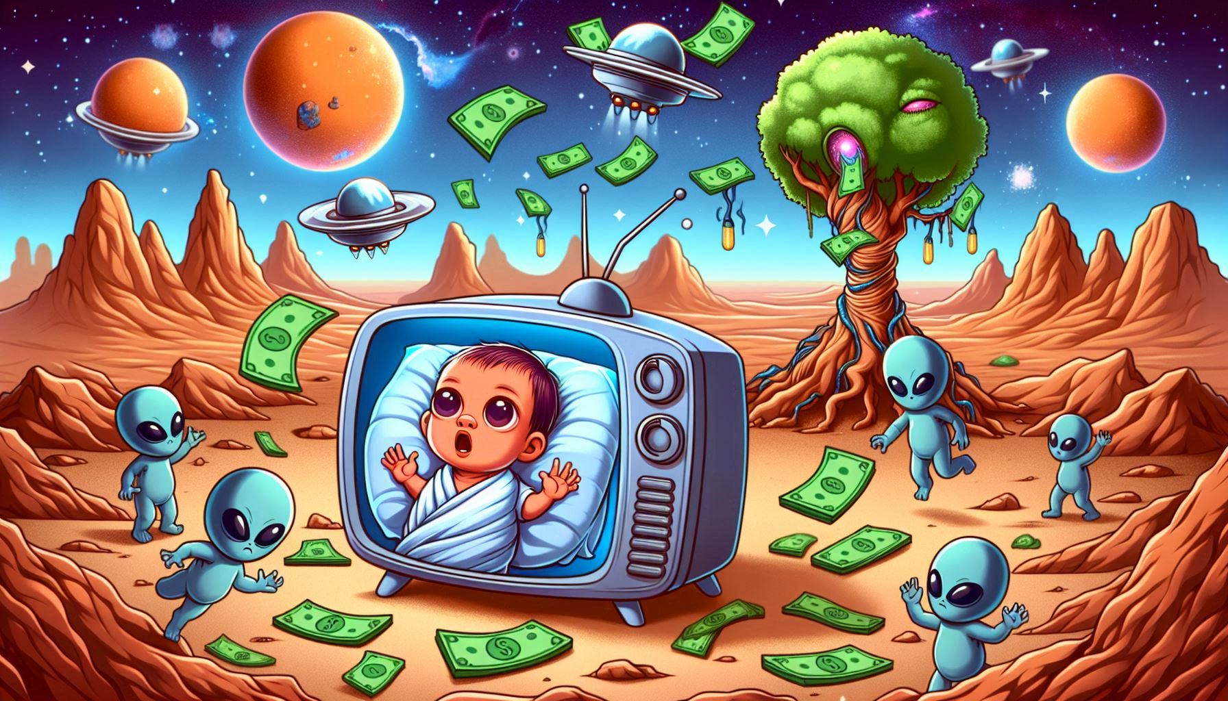 baby on a TV with money growing on trees in an alien world